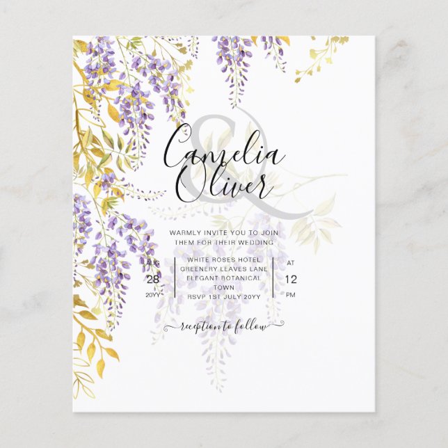 LeahG Purple Gold WISTERIA Floral Wedding INVITE Flyer (Front)