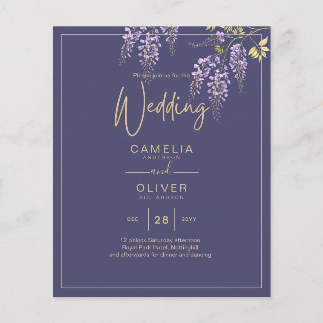 LeahG Purple Gold WISTERIA Floral Wedding INVITE Flyer (Front)