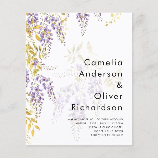 LeahG Purple Gold WISTERIA Floral Wedding INVITE Flyer (Front)
