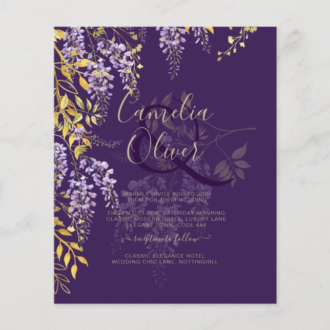 LeahG Purple Gold WISTERIA Floral Wedding INVITE Flyer (Front)