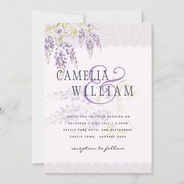 LeahG Purple WISTERIA Lace Floral Wedding INVITE (Front)
