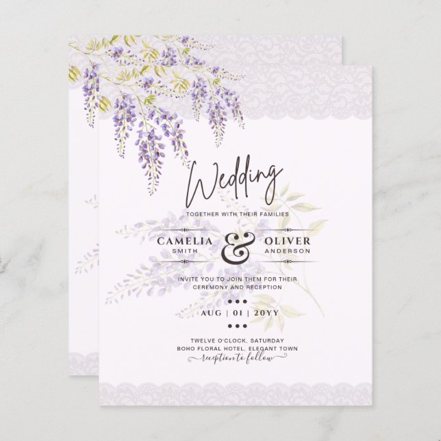 LeahG Purple WISTERIA Lace Floral Wedding INVITE (Front/Back)