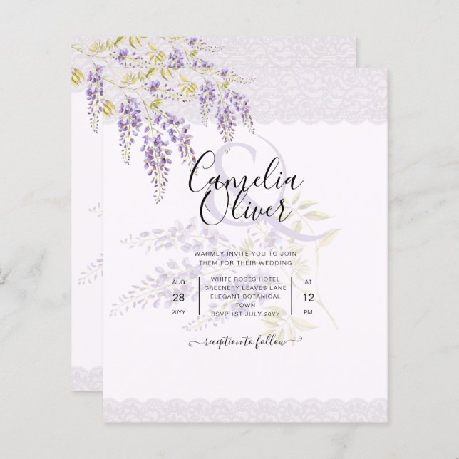 LeahG Purple WISTERIA Lace Floral Wedding INVITE (Front/Back)