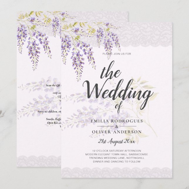 LeahG Purple WISTERIA Lace Floral Wedding INVITE (Front/Back)