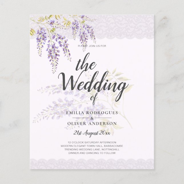 LeahG Purple WISTERIA Lace Floral Wedding INVITE Flyer (Front)