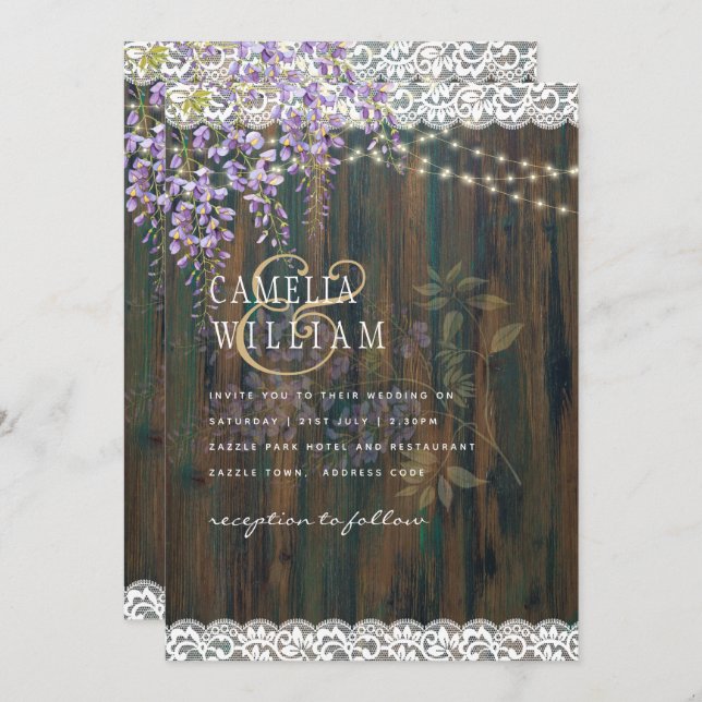 LeahG Purple WISTERIA Rustic Lace Wedding Invitation (Front/Back)