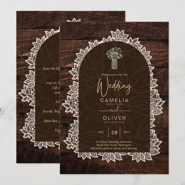 LeahG Rustic Lace Gypsophila Wood Wedding INVITE (Front/Back)