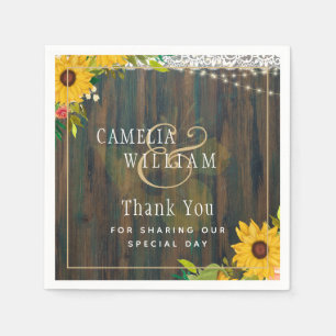LeahG Rustic Sunflowers Lace Lights Wood Wedding Napkin