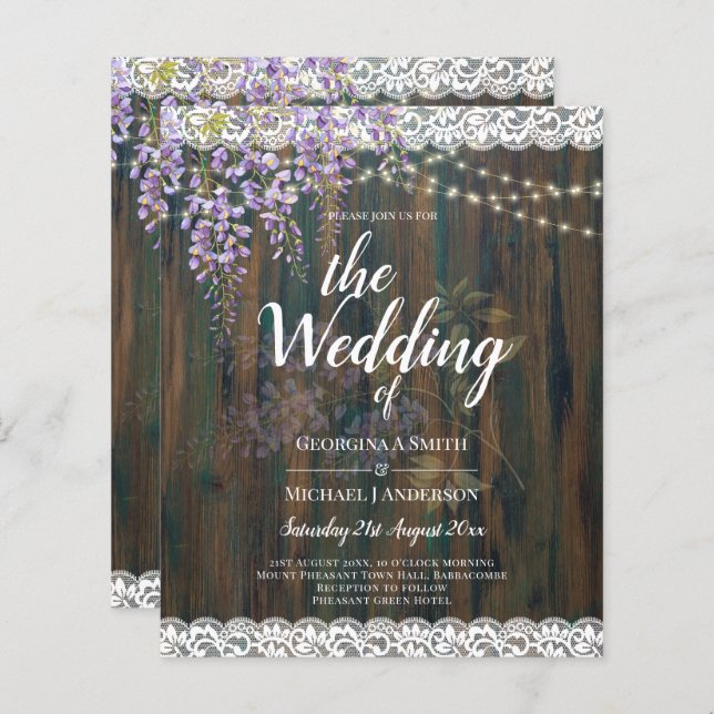 LeahG Rustic WISTERIA Lace Floral Wedding INVITE (Front/Back)