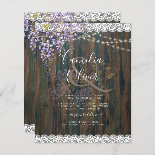 LeahG Rustic WISTERIA Lace Floral Wedding INVITE (Front/Back)