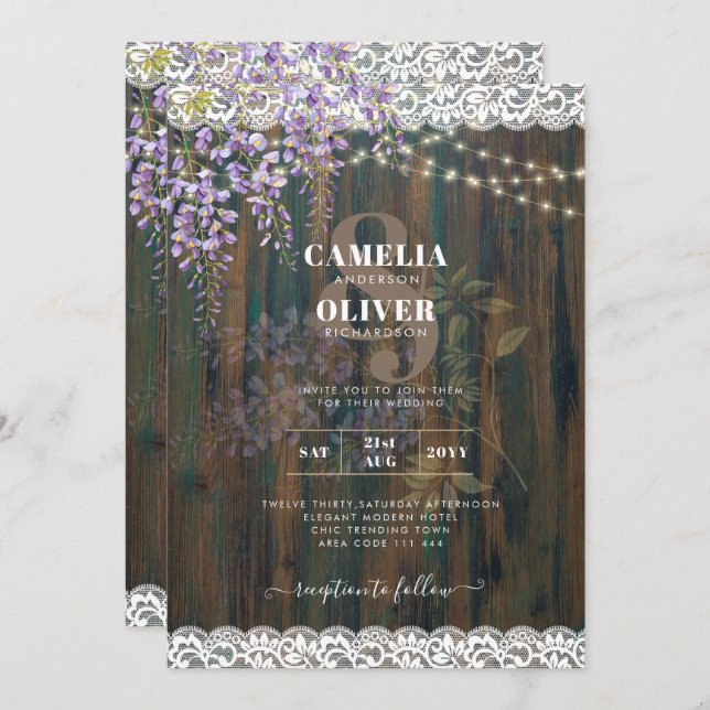 LeahG Rustic WISTERIA Lace Floral Wedding INVITE (Front/Back)