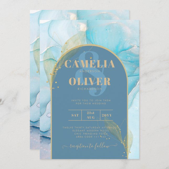 LeahG Sea Glass Gold Ink Aqua Blue Wedding INVITE (Front/Back)