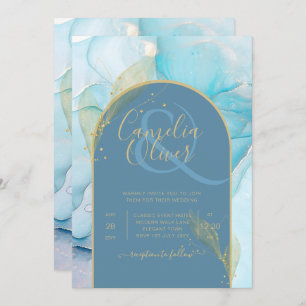 LeahG Sea Glass Gold Ink Aqua Blue Wedding INVITE