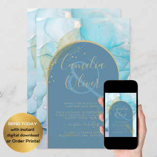 LeahG Sea Glass Gold Ink Aqua Blue Wedding INVITE
