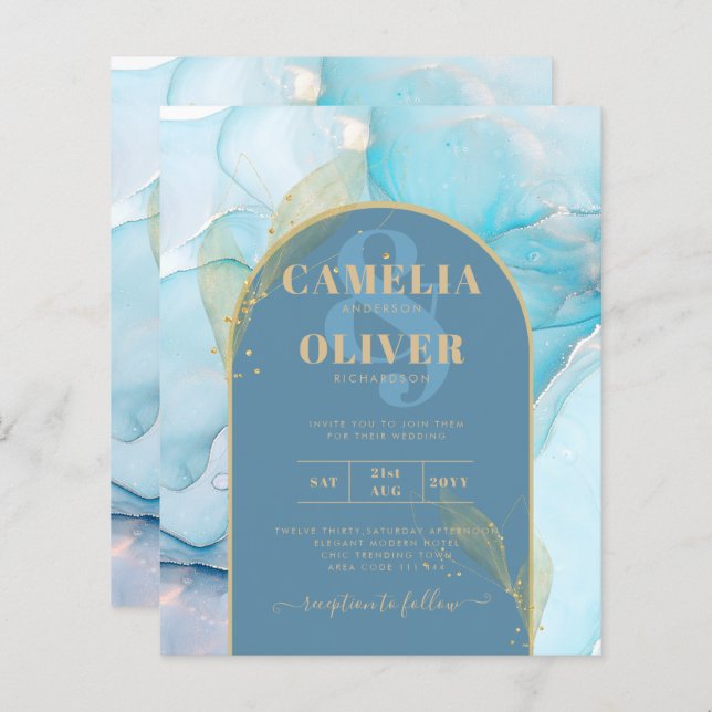 LeahG Sea Glass Gold Ink Aqua Blue Wedding INVITE (Front/Back)