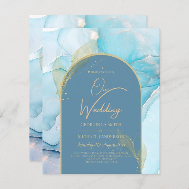 LeahG Sea Glass Gold Ink Aqua Blue Wedding INVITE (Front/Back)