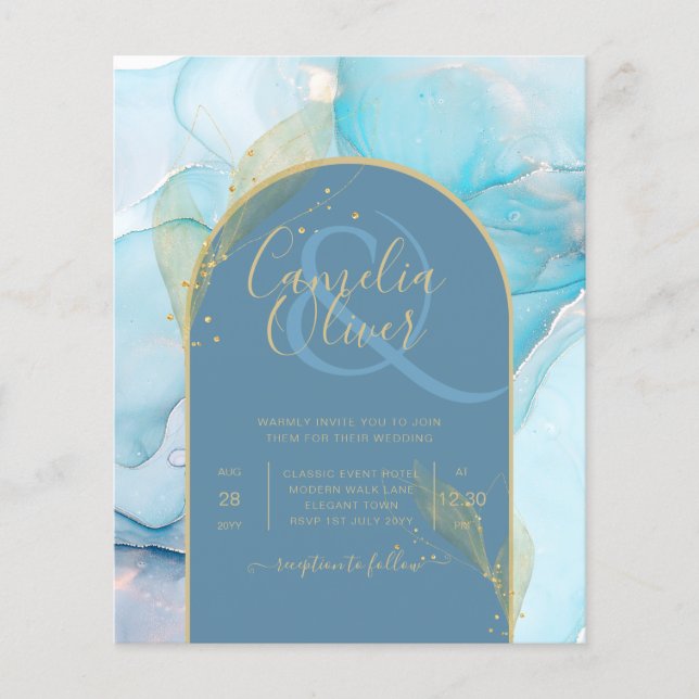 LeahG Sea Glass Gold Ink Aqua Blue Wedding INVITE Flyer (Front)