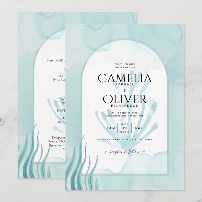 LeahG Sea Glass Ocean Coral Turquoise Blue INVITE (Front/Back)