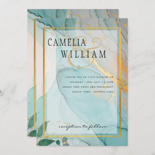 LeahG Sea Glass Teal Gold INK Wedding INVITE