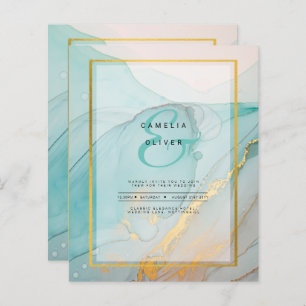LeahG Sea Glass Teal Gold INK Wedding INVITE