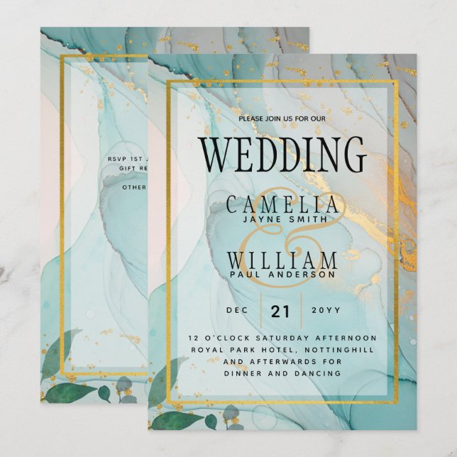 LeahG Sea Glass Teal Gold INK Wedding INVITE (Front/Back)