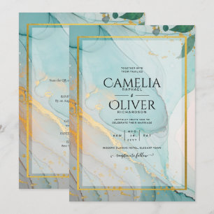 LeahG Sea Glass Teal Gold INK Wedding INVITE