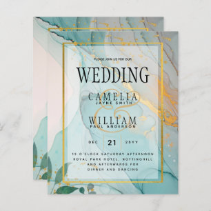 LeahG Sea Glass Teal Gold INK Wedding INVITE