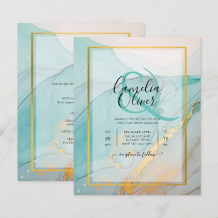 LeahG Sea Glass Teal Gold INK Wedding INVITE