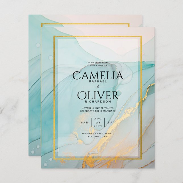 LeahG Sea Glass Teal Gold INK Wedding INVITE (Front/Back)