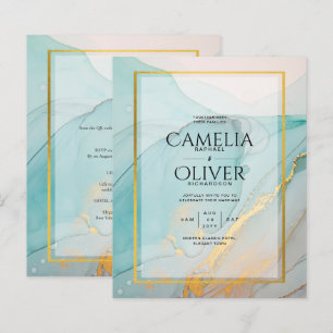 LeahG Sea Glass Teal Gold INK Wedding INVITE
