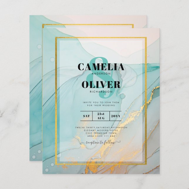 LeahG Sea Glass Teal Gold INK Wedding INVITE (Front/Back)