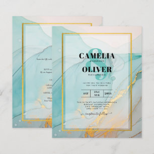 LeahG Sea Glass Teal Gold INK Wedding INVITE