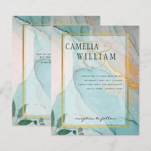 LeahG Sea Glass Teal Gold INK Wedding INVITE