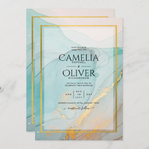 LeahG Sea Glass Teal Gold INK Wedding INVITE