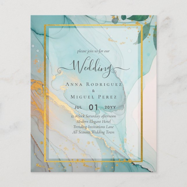 LeahG Sea Glass Teal Gold INK Wedding INVITE Flyer (Front)