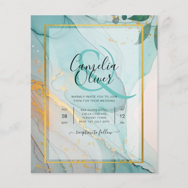 LeahG Sea Glass Teal Gold INK Wedding INVITE Flyer (Front)