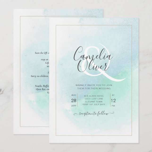 LeahG Sea Glass Turquoise Teal Blue Wedding INVITE (Front/Back)