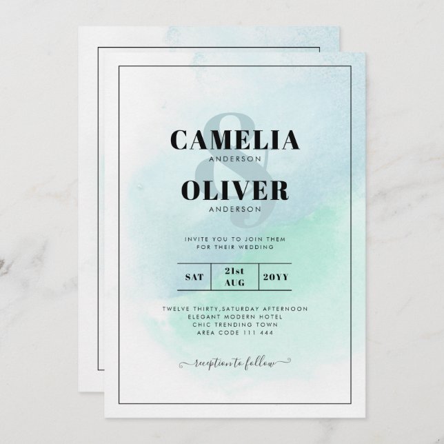 LeahG Sea Glass Turquoise Teal Blue Wedding INVITE (Front/Back)