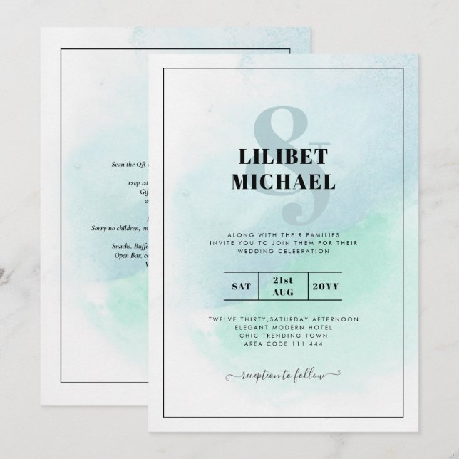 LeahG Sea Glass Turquoise Teal Blue Wedding INVITE (Front/Back)