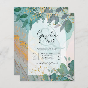 LeahG Seaglass Ink Teal Gold Greenery Wedding Inv