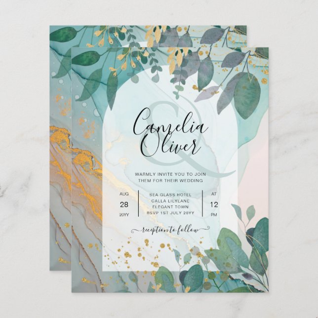 LeahG Seaglass Ink Teal Gold Greenery Wedding Inv (Front/Back)