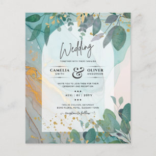 LeahG Seaglass Ink Teal Gold Greenery Wedding Inv Flyer