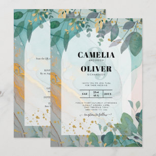 LeahG Seaglass Ink Teal Gold Greenery Wedding Inv Invitation