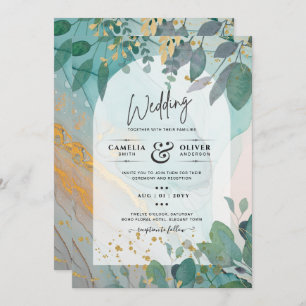 LeahG Seaglass Ink Teal Gold Greenery Wedding Inv Invitation