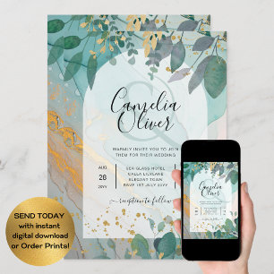 LeahG Seaglass Ink Teal Gold Greenery Wedding Inv Invitation