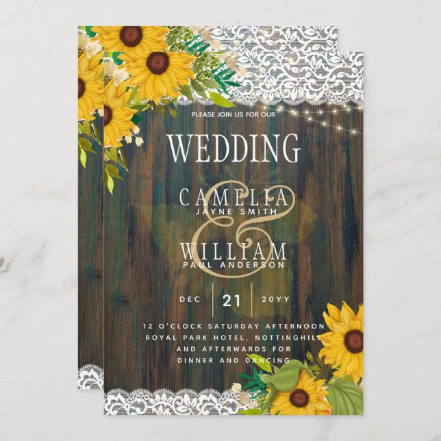 LeahG Sunflowers Wedding Rustic Wood Lace Invitation (Front/Back)