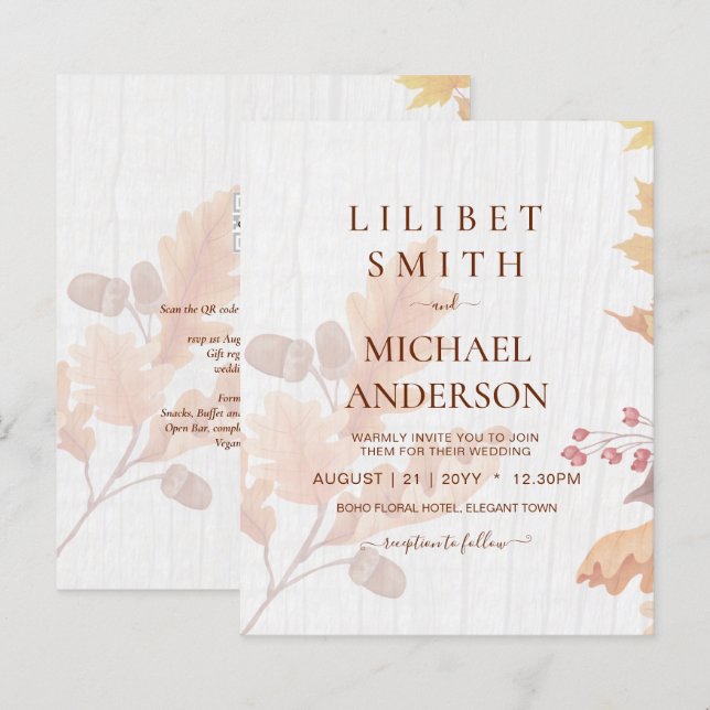 LeahG Terracotta Fall Leaves Wedding Invite (Front/Back)