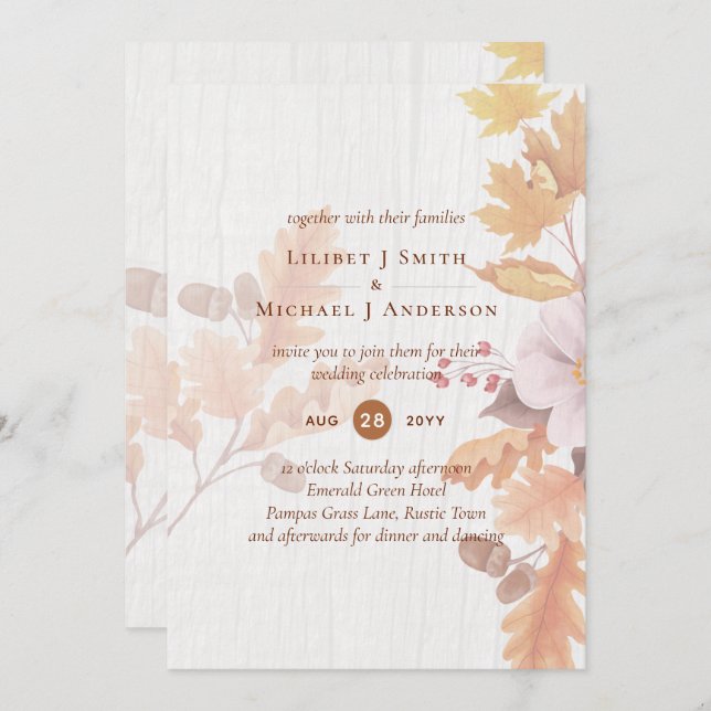 LeahG Terracotta Fall Leaves Wedding Invite (Front/Back)