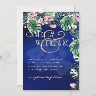 LeahG Tropical Blue Green Pink Floral Wedding Invitation