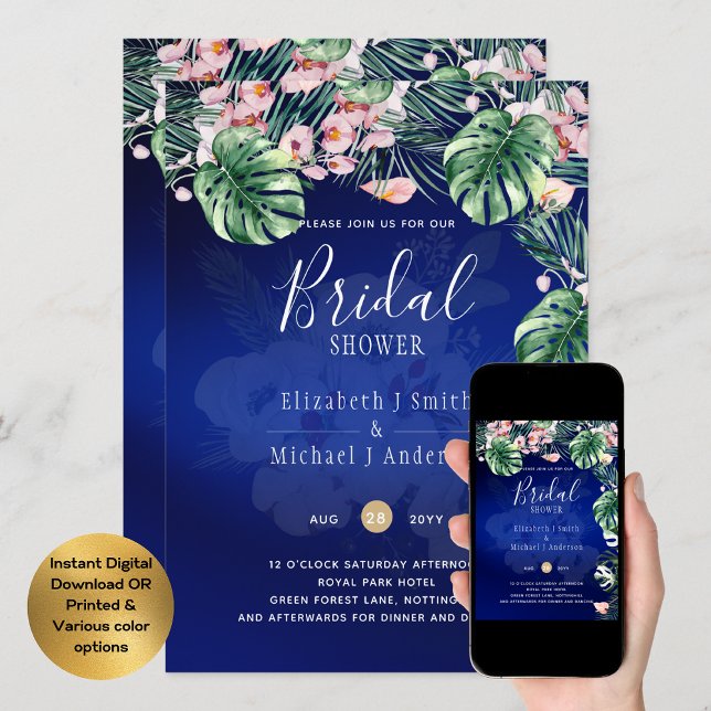 LeahG Tropical Blue Pink Floral BRIDAL SHOWER Invitation (Creator Uploaded)